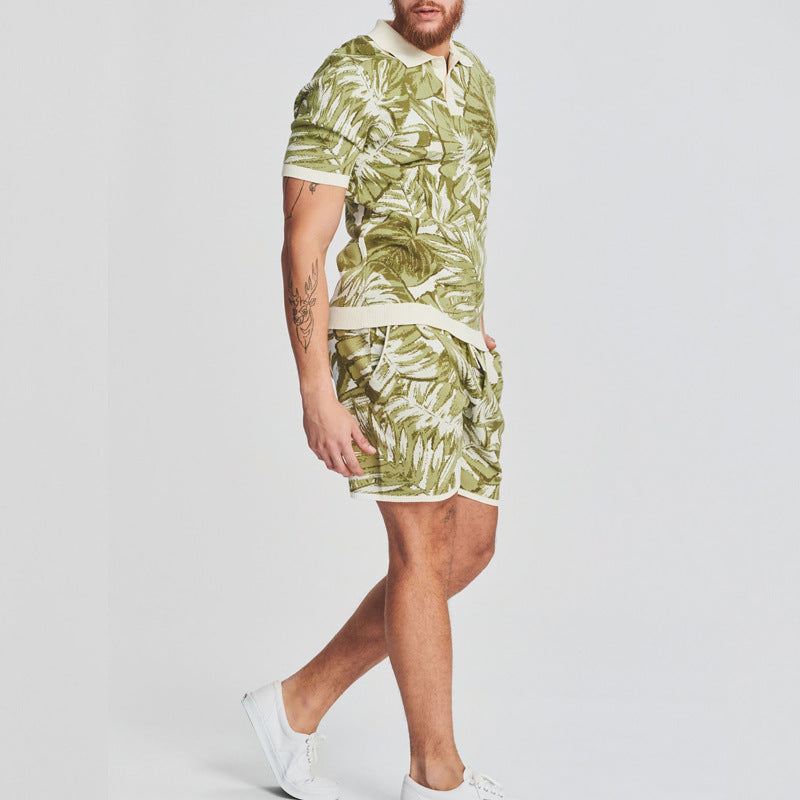 Herrer Polo-Shirt og Shorts Sæt i tropisk bladdesign Stilla