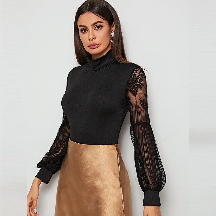 Dame Elegant Bodysuit med transparente Puffærmer og høj Krave Stilla