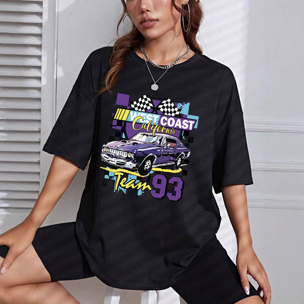 Dame T-shirt med kreativt automobildesign og afslappet snit Stilla