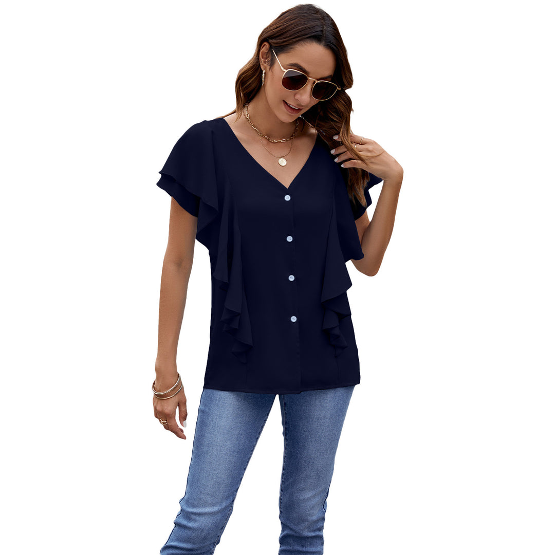 Damebluse med ruffles detaljer og V-udskæring Stilla