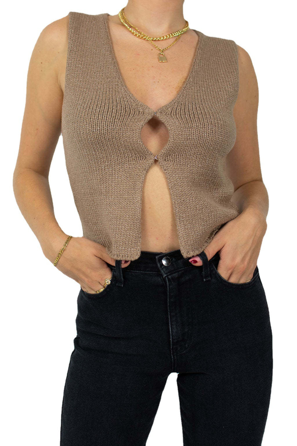 Dame strikket crop-top med flot V-udskæring og dekorativ nøglelukning Skovae