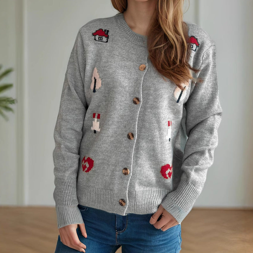 Kvindes cardigan med farverige applikationer og knaplukning Stilla