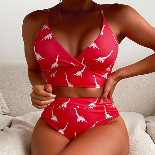 Dame Højt skåret bikini med legende dinosaurermønster og komfortabel top Stilla