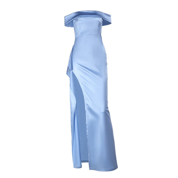 Kvinders elegante gulvlange aftenkjole med off-shoulder design og split Skovae
