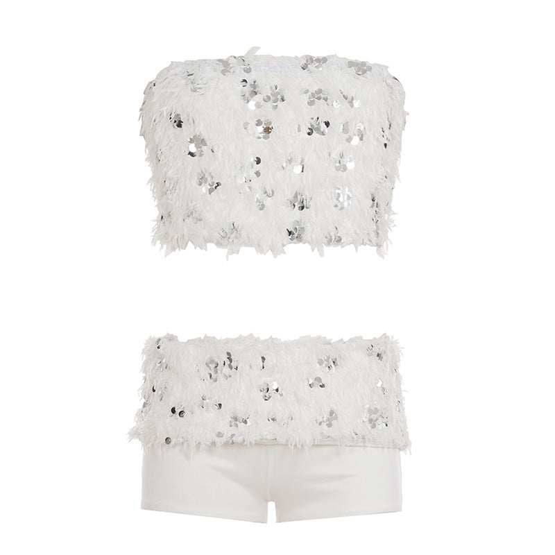 Dame spids crop top med glitrende pailletter Skovae