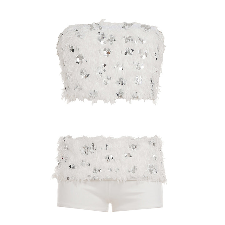 Dame spids crop top med glitrende pailletter Skovae
