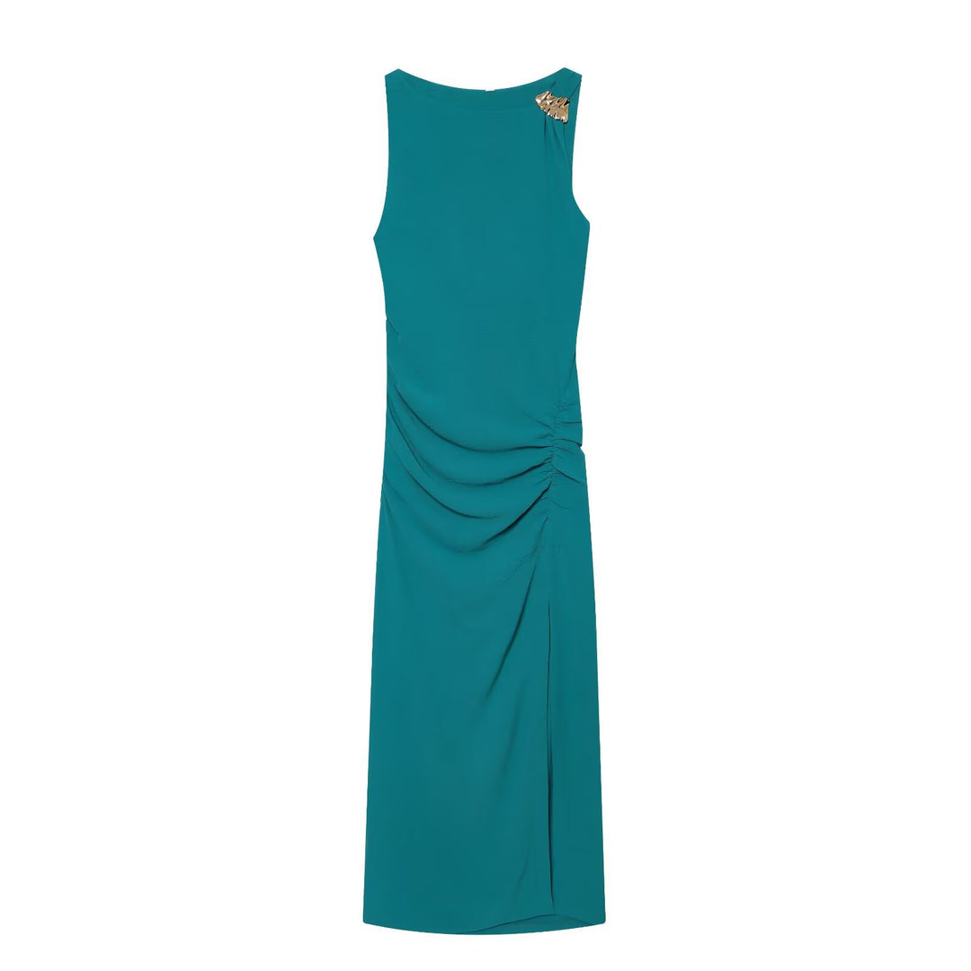 Dame maxikjole med elegant drapering og asymmetrisk søm Skovae