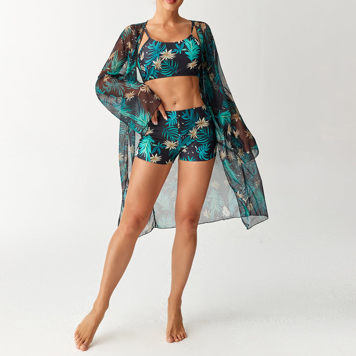 Dame bikini sæt med elegant crop-top og gennemsigtig strandkimono Skovae