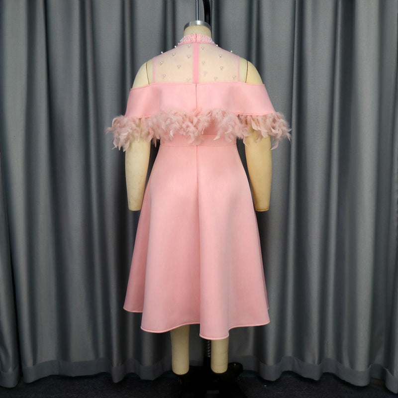 Dame elegant kjole med transparente puffærmer og dekorative fjerdetaljer Skovae