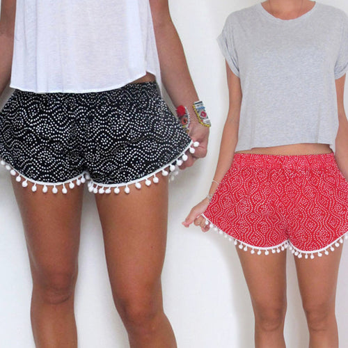 Kvinders sommershorts med legende pompon-detalje og trendy bølgemønster Stilla