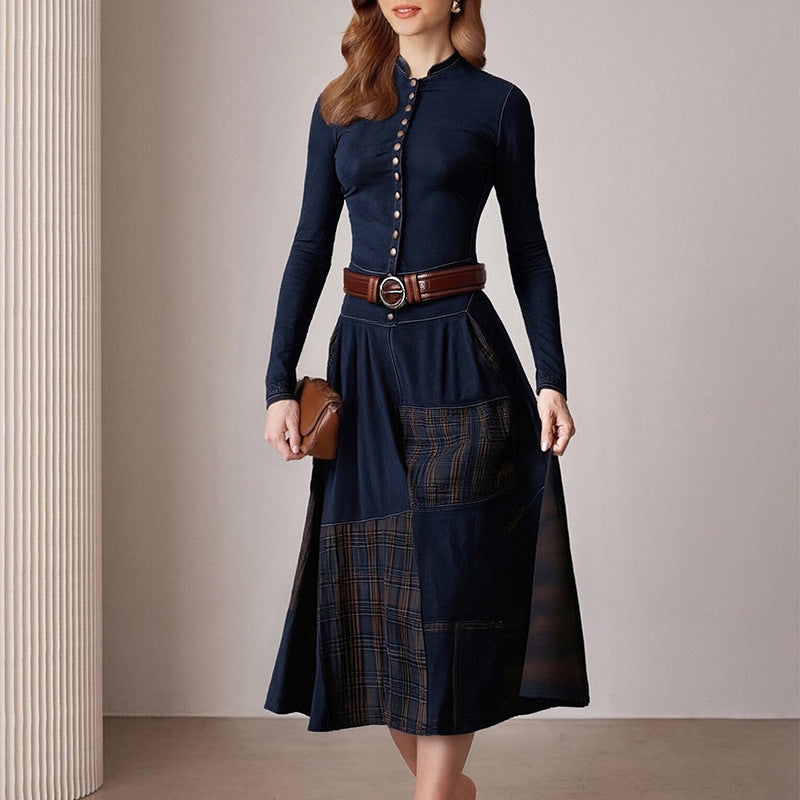Damer Elegant Midi Kjole med Knap-åbning og Kontrast Detaljer Stilla