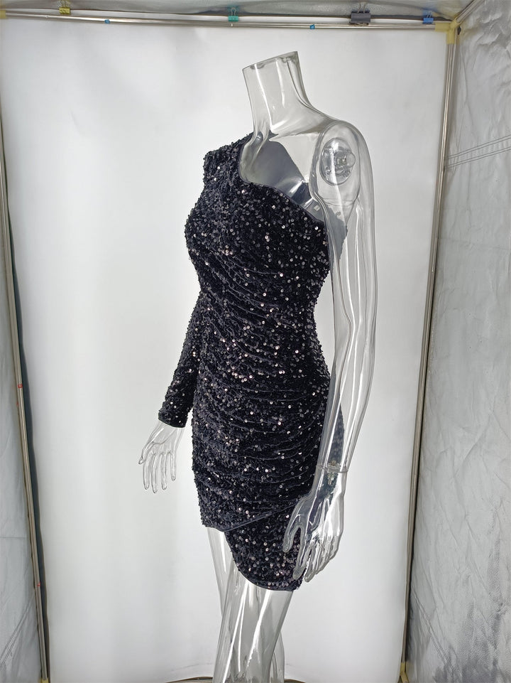 Stilla | En Skulder Langærmet Paljet Mini Bodycon Kjole