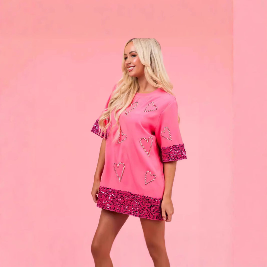Dame Mode T-Shirt med glimmerdetaljer og hjerteapplikationer Stilla