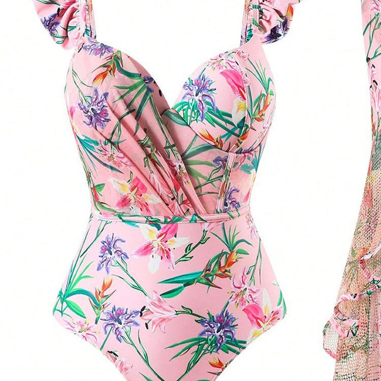Dame One-Piece Badedragt med Rynkedetaljer og Floral Indpakningsskørt Skovae