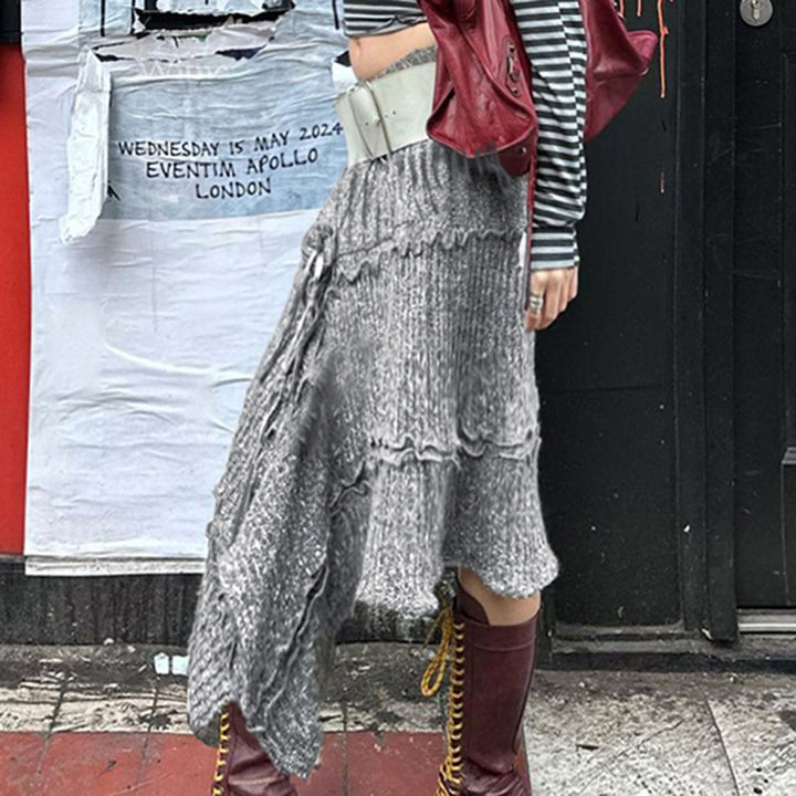 Dame asymmetrisk strikjakke med fashionable ribdetaljer og binde detaljer Skovae