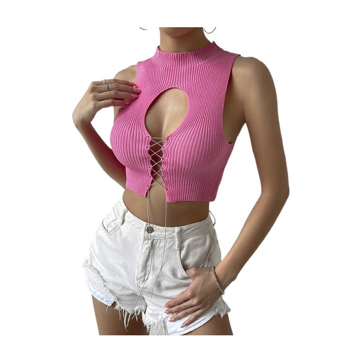 Dame Strik Crop Top med raffineret Udsnit og Snøredetaljer Stilla