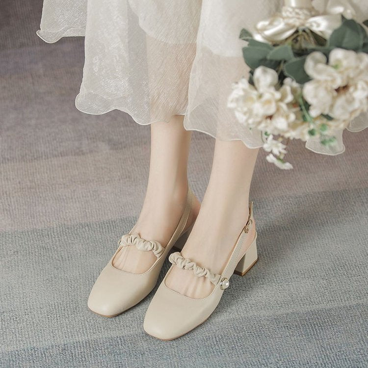 Dame elegante Slingback-pumper med moderne perlepynt og lav blokhæl Stilla