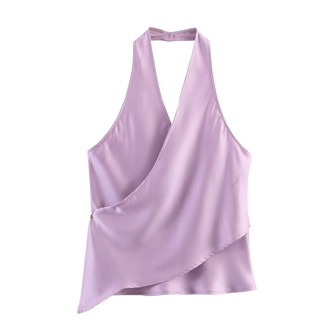 Damer elegant haltertop med asymmetrisk snit og skinnende satin finish Skovae