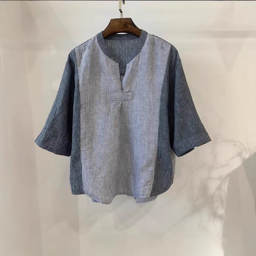 Dame stribet linned blouse med løs pasform og halvlange ærmer Stilla
