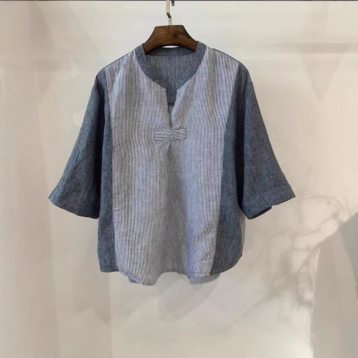 Dame stribet linned blouse med løs pasform og halvlange ærmer Stilla