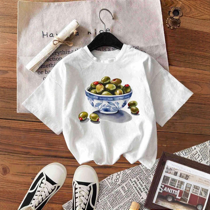 Dame T-Shirt med kreativt olivenmotiv Skovae