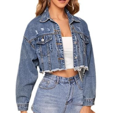 Damer cropped Jeansjakke i afslappet vintage-stil med frynser Stilla