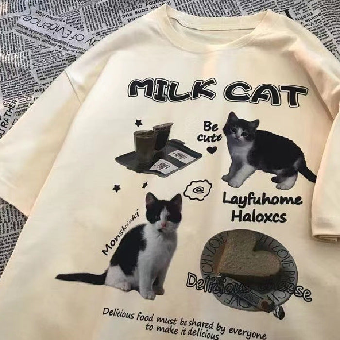 Dame T-shirt med kreativ katte-design og humoristisk tryk Stilla