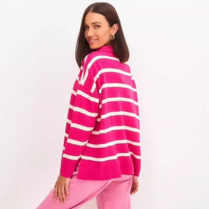 Dame afslappet strikpullover med klassisk polo krave og moderne stribemønster Stilla