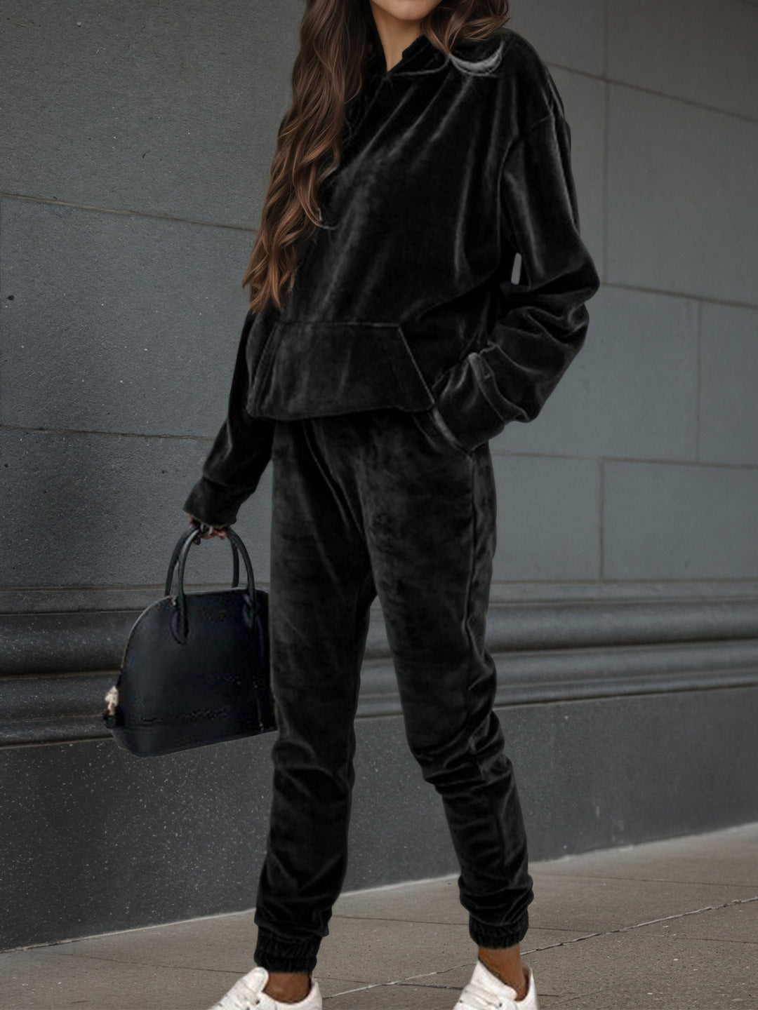Damer sporty fleece sæt med hætte og elastisk linning Stilla