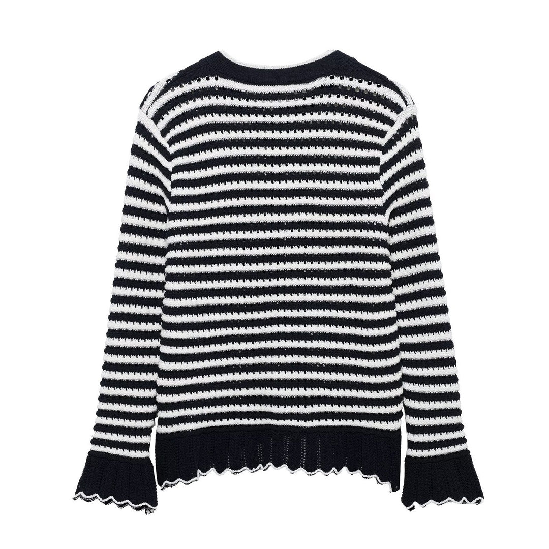 Dame Stribet Strikcardigan Pullover med Bølgekant Stilla