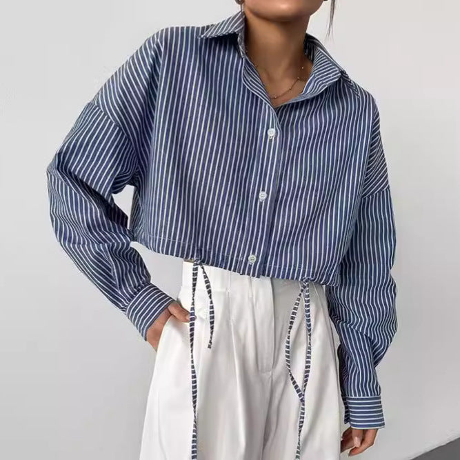 Dame Cropped Skjorte med Striber og Bindebånd Stilla