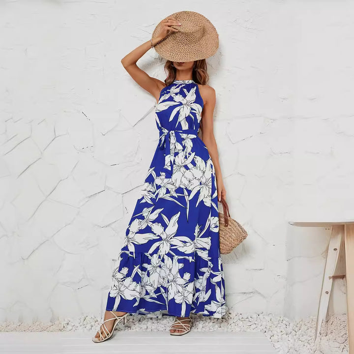Dame Maxikjole med floral tryk og elegant halsbånd Stilla