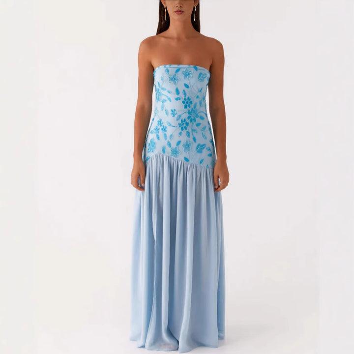 Dame strapless maxikjole med elegant blomsterbroderi Stilla