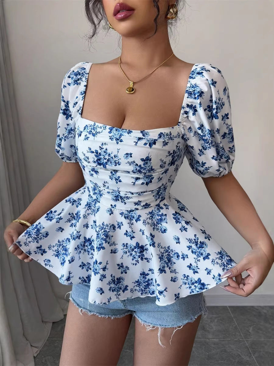 Dame Peplum-bluse med puffærmer og blomsterdesign Skovae