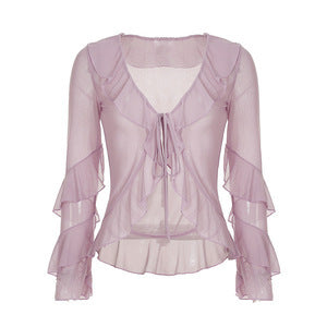 Dame lette chiffon-top med voluminøse flæsedetaljer Skovae