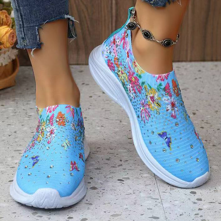 Dame Elastiske Slip-On Sneakers med floralt Strassdesign og dæmpende sål Stilla