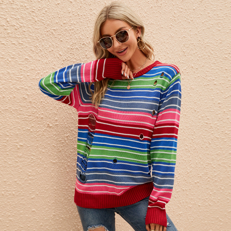 Dame strikpullover med trendy stribesstruktur og afslappet huldesign Stilla