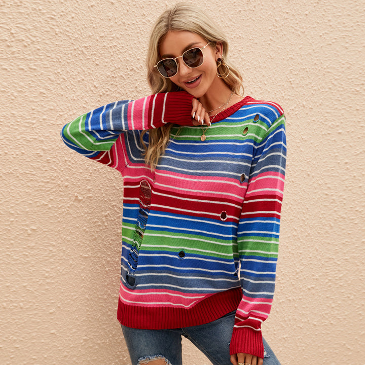 Dame strikpullover med trendy stribesstruktur og afslappet huldesign Stilla