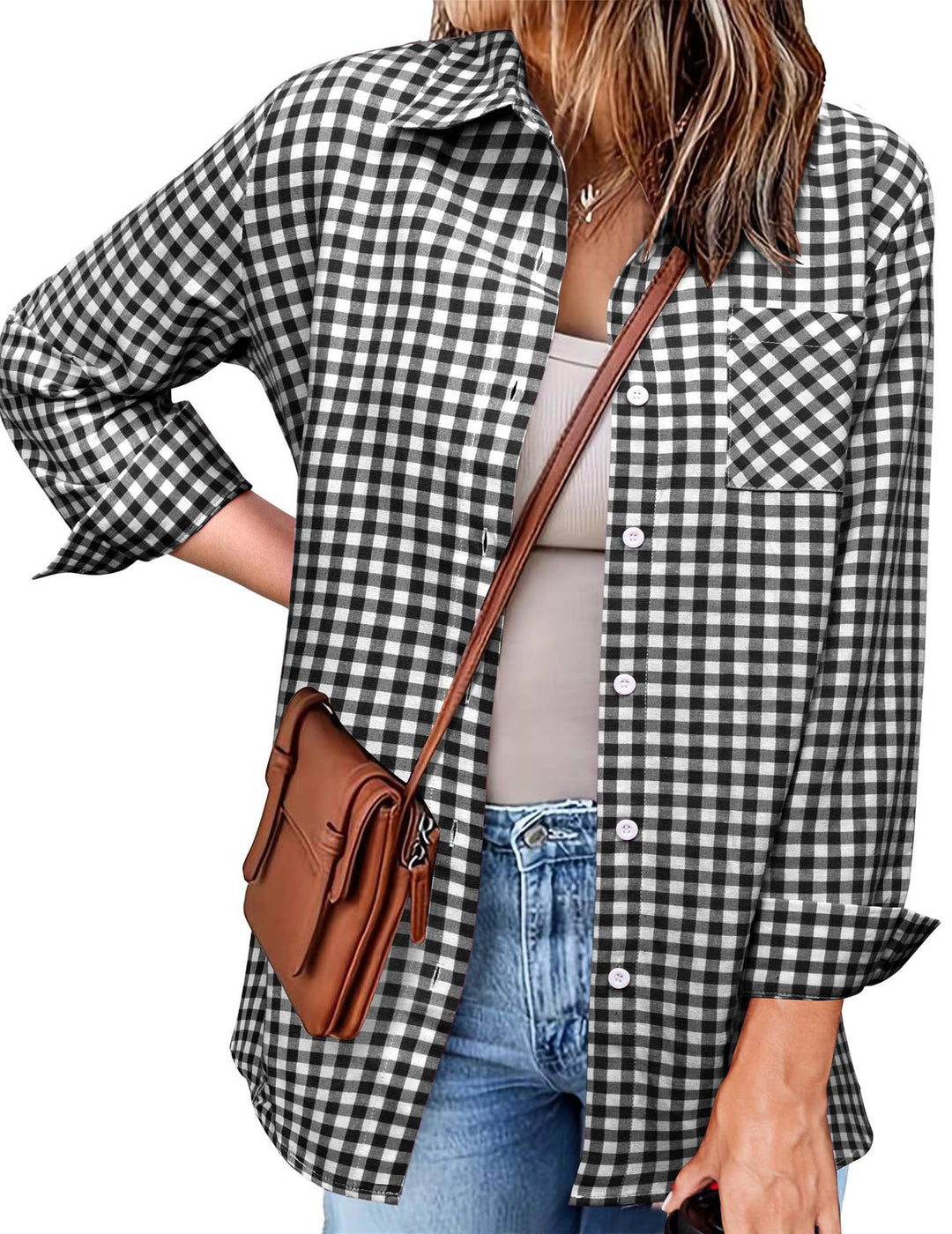 Femme Button-Up Gingham Check Shirt Stilla