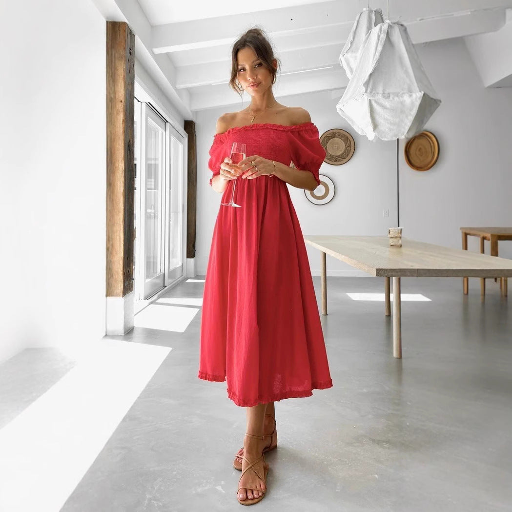 Women's Off-Shoulder Midi Dress with Airy Silhouette and Ruffle Details Skovae