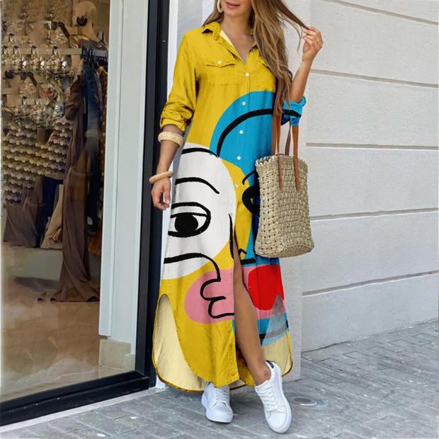 Stilla | Ansigt Print Side Split Farve Blok Knap Op Maxi Kjole