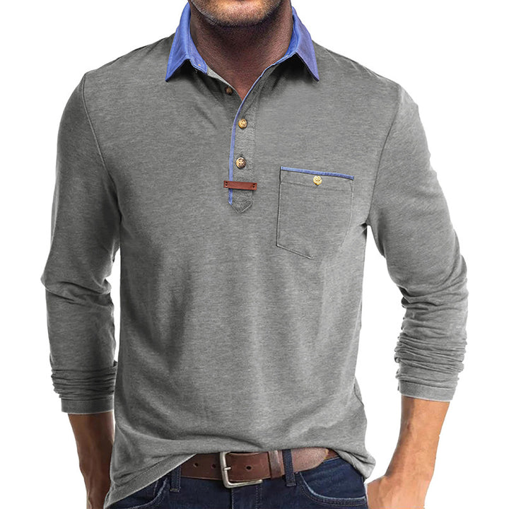 Herrer Langærmet-Henley-Shirt med stilfuld kontrastkrave og elegant brystlomme Stilla