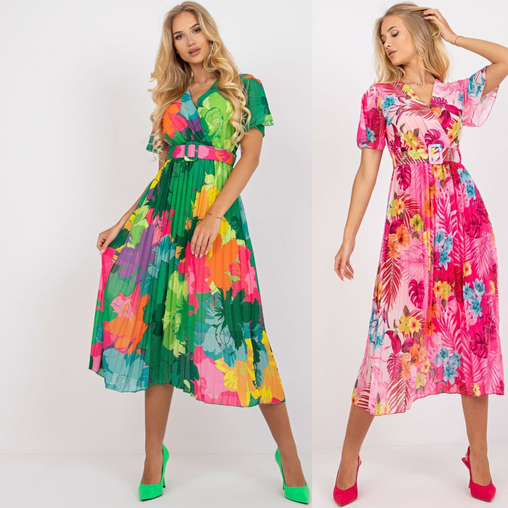 Dame midikjole med blomstret print og taljerbar bælte Stilla