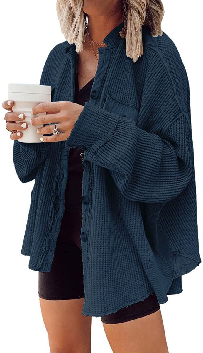 Dame Oversized Vaffel-Shirtjakke med knaplukning og praktiske lommer Stilla
