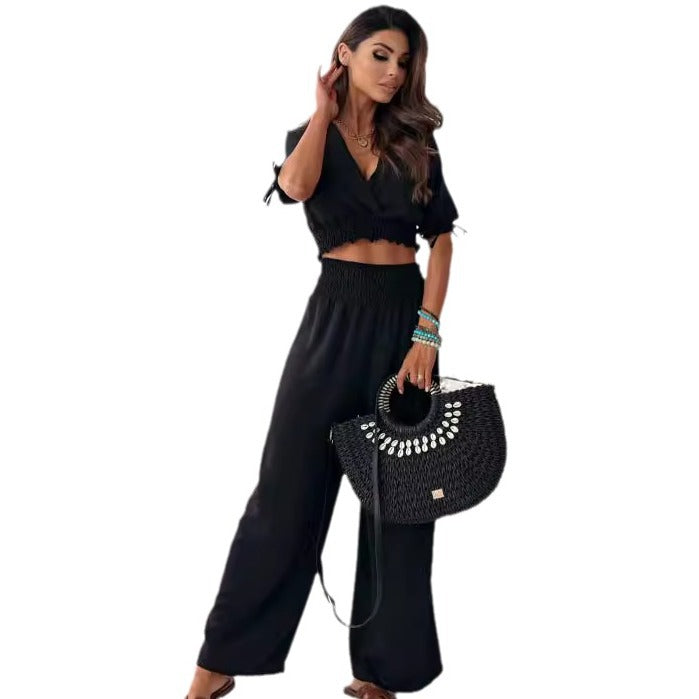 Dame Crop Smocked Top med brede Bukser Stilla