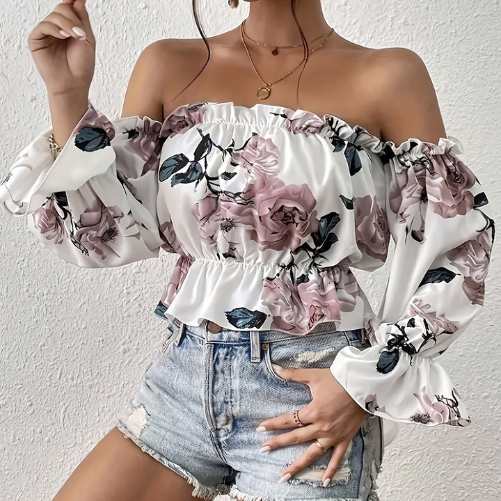 Dame Minimal Off-Shoulder Bluse med Rüschensaum og blomster mønster Stilla