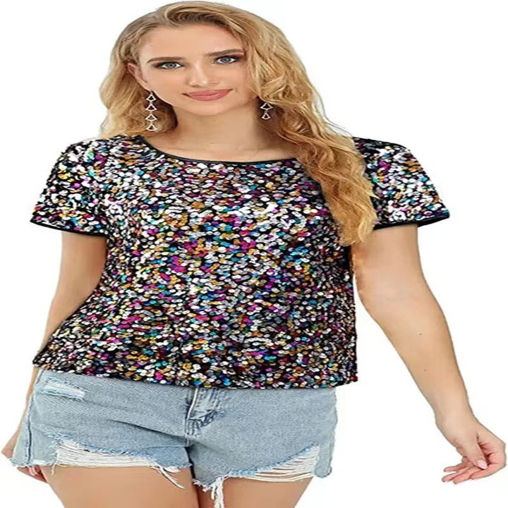 Dame glitrende t-shirt med paletter i en behagelig pasform og materiale af bomuld Skovae
