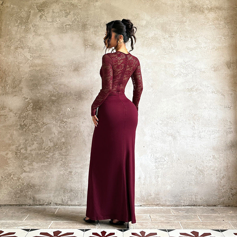 Damer Elegant Maxi Kjole med Blonde Top og Sofistikerede Drapering Detaljer Skovae