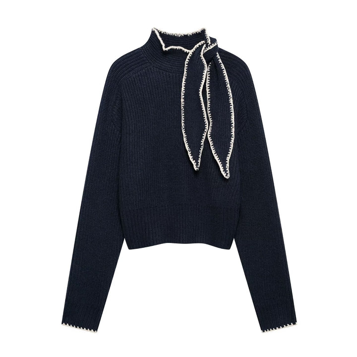 Femme Mock Neck Strikbluse med Sløjfedetail Stilla