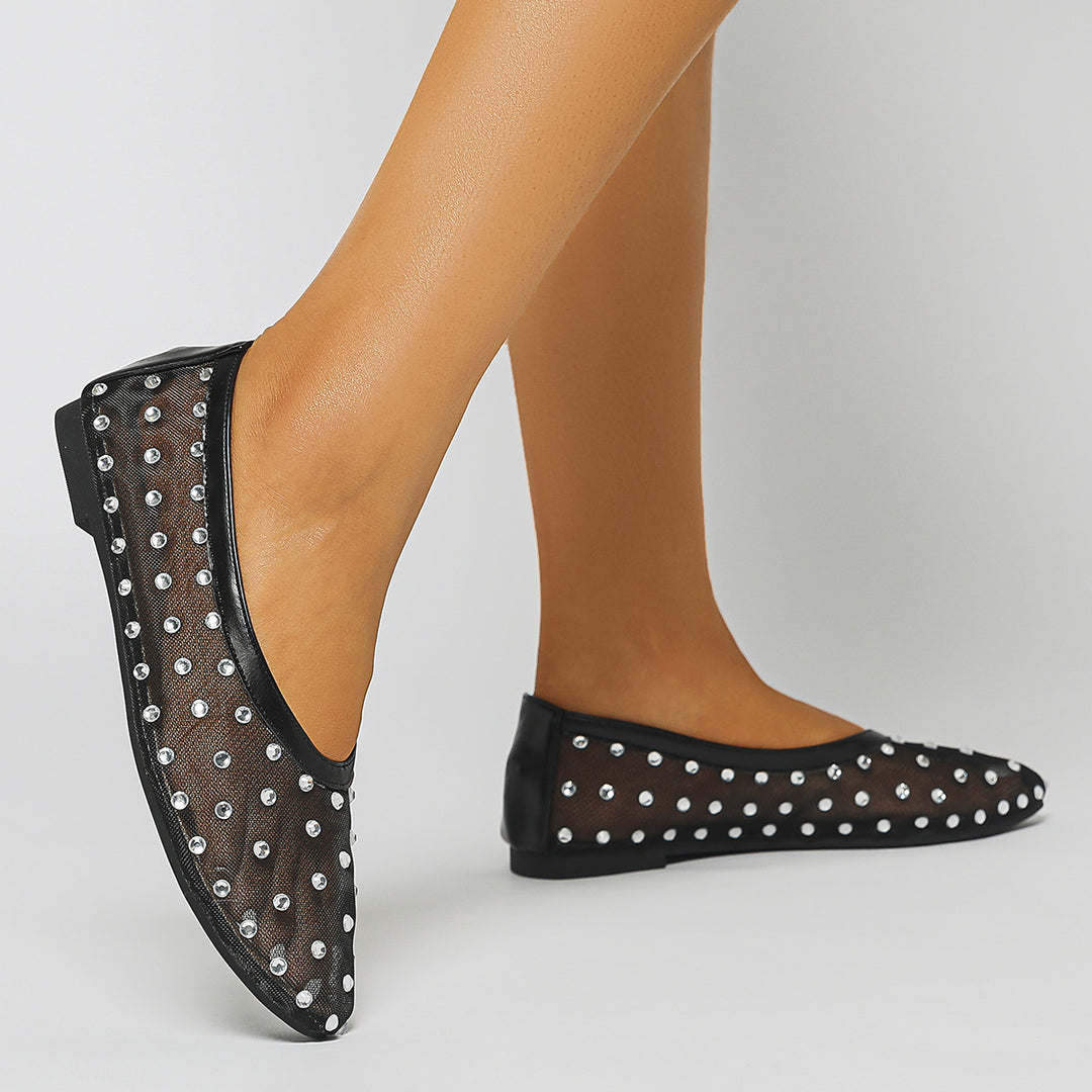 Dame ballerinas med glitrende strass sten og gennemsigtigt netmateriale Stilla